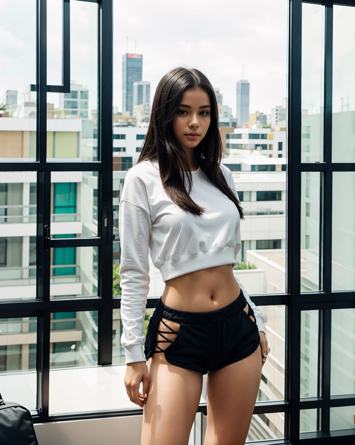 A beautiful young Brazilian girl, with (extremely pale skin:1) with straight black hair, (small face), small nose, full lips, small shoulders, (thin waist, thick hips and (thick legs)). wearing black shorts with a red sweatshirt. standing in a large room, window overlooking the terrace showing the modern city, 4k, high quality,