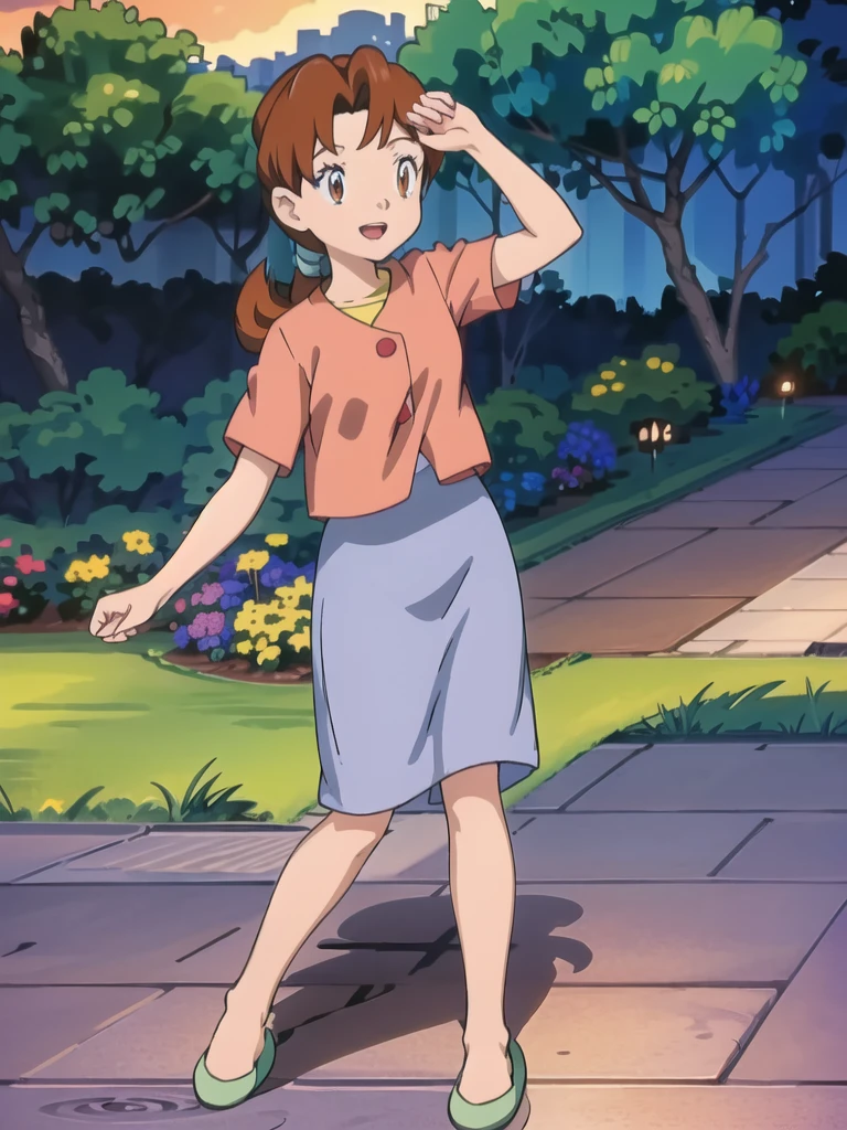 Delia_Ketchum 1girl, full body, looking at viewer, :d, open mouth, (extremely detailed CG unity 8k wallpaper), (masterpiece), (best quality), (ultra-detailed), (best illustration), (best shadow), (absurdres), finely detail, skirt, shirt, blue skirt, long skirt, pink shirt, slippers,