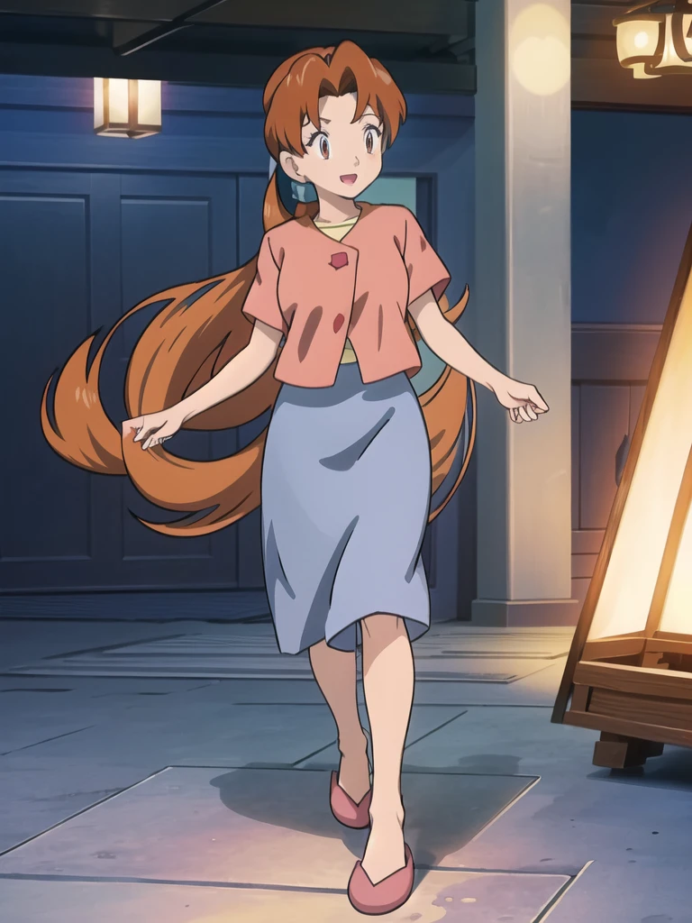 Delia_Ketchum 1girl, full body, looking at viewer, :d, open mouth, (extremely detailed CG unity 8k wallpaper), (masterpiece), (best quality), (ultra-detailed), (best illustration), (best shadow), (absurdres), finely detail, skirt, shirt, blue skirt, long skirt,  pink shirt, slippers,