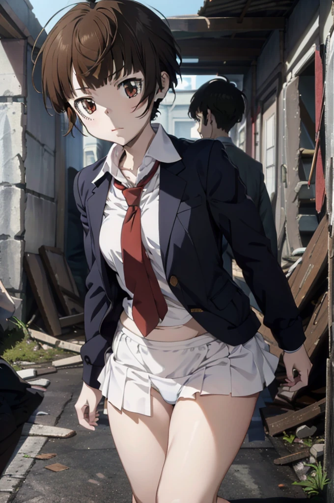 masterpiece,1 Girl,akane tsunemori, Navy blue tight skirt, Navy blue jacket, White shirt, tie, Pushed to the floor of the ruins, ((Lift-up skirt)), (white panties), Anime Key,