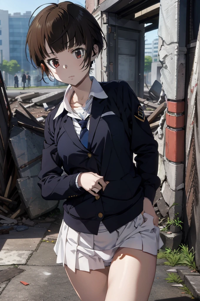 masterpiece,1 Girl,akane tsunemori, Navy blue tight skirt, Navy blue jacket, White shirt, tie, Pushed to the floor of the ruins, ((Lift-up skirt)), (white panties), Anime Key,