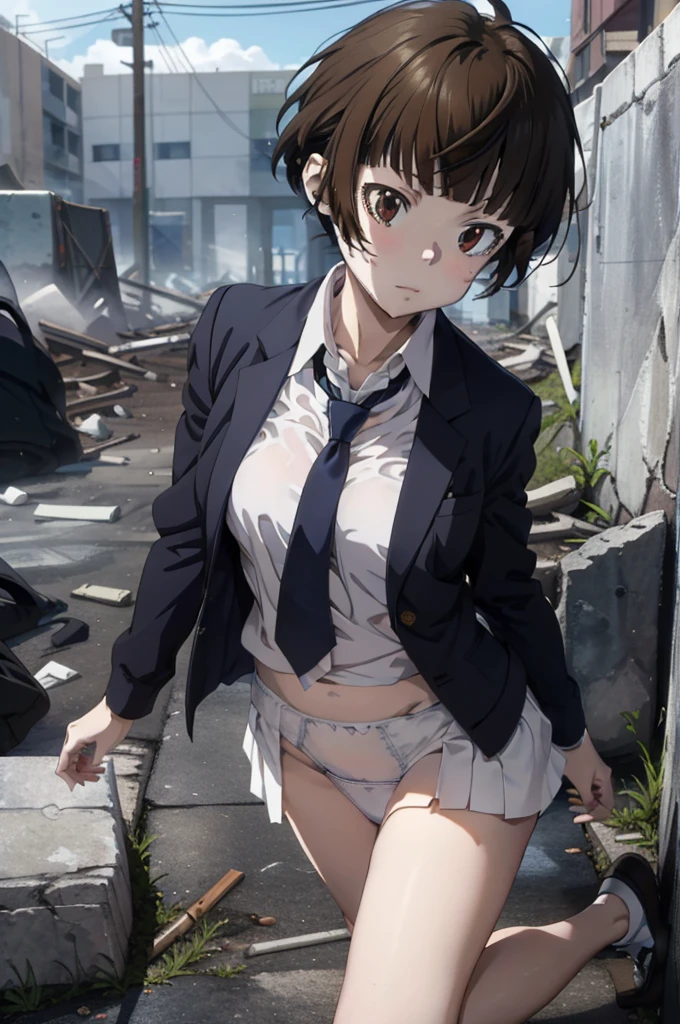 masterpiece,1 Girl,akane tsunemori, Navy blue tight skirt, Navy blue jacket, White shirt, tie, Pushed to the floor of the ruins, ((Lift-up skirt)), (white panties), Anime Key,