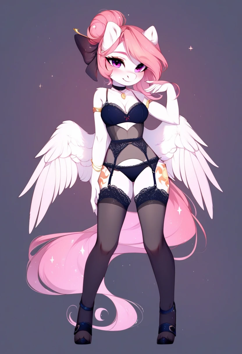 check_9, check_8_up, check_7_up, source_fluffy, rating_safe, from Magnaluna, Celestia poses seductively in a white bedroom, hair bun with bangs, pink eyes, white body, anthro, blushing, wearing goldern lingerie, full body