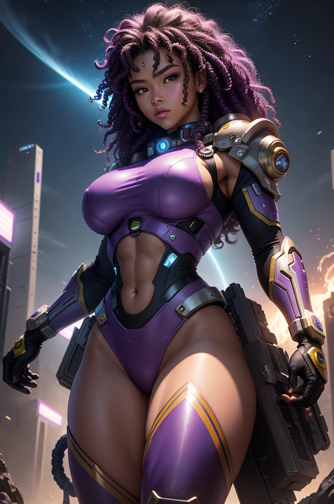 A beautiful, exuberant and young cybernetic android warrior with black African and oriental Japanese and Chinese features, clone of the Greek goddess Athena, with giant breasts, transformed into a super sensual and extremely muscular astronaut, fitness, fit bodybuilder and weightlifter, wearing very short, purple and very curly hair in locks, wearing cyberpunk battle clothes, exploring a mysterious planet in a sci-fi environment, fighting on a space battlefield on a planet at war