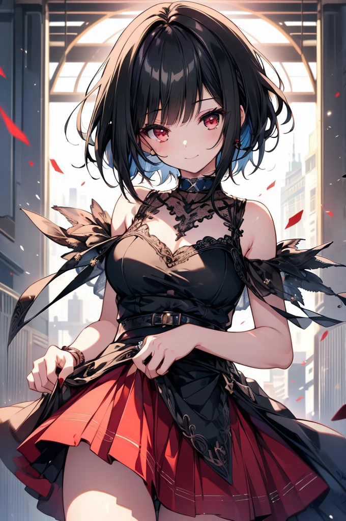 (masterpiece, highest quality, highest quality, (No text), Beautiful and aesthetic:1.2),No text,アニメ、BREAK,One Girl,Black Hair Girl short hair older sister choker Beautiful eyes Red eyes cool smile Red and Black one piece mini skirt whole body In town
