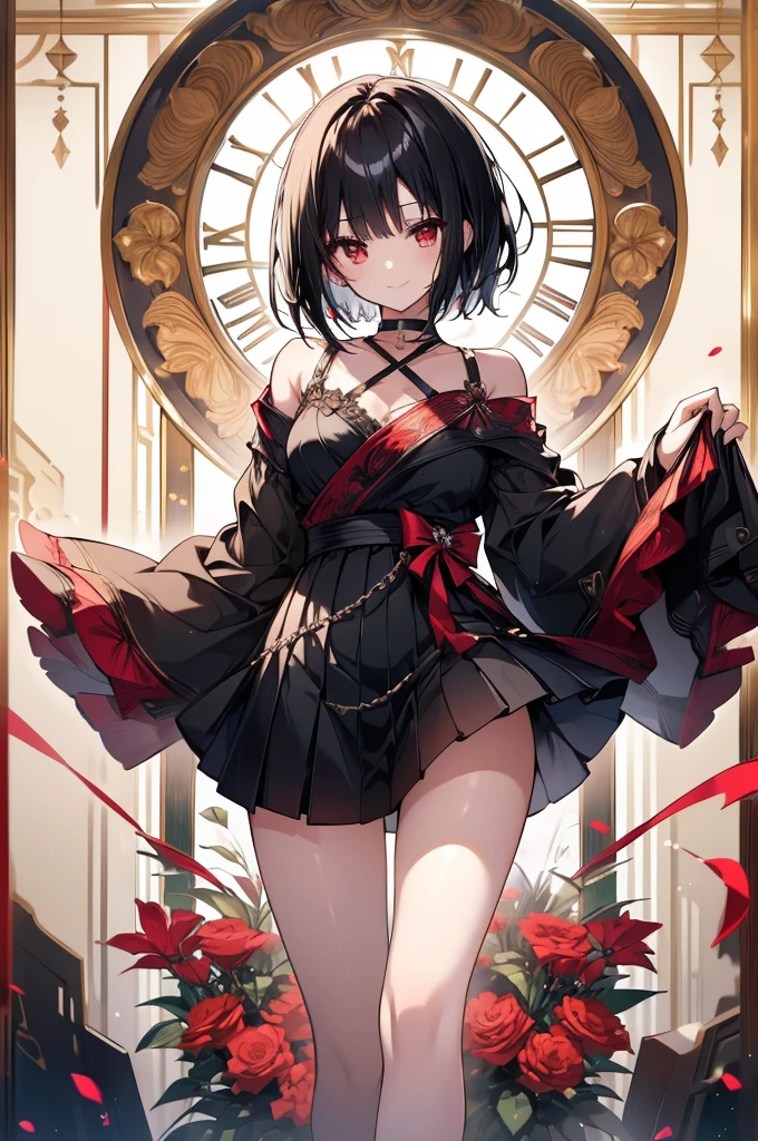 (masterpiece, highest quality, highest quality, (No text), Beautiful and aesthetic:1.2),No text,アニメ、BREAK,One Girl,Black Hair Girl short hair older sister choker Beautiful eyes Red eyes cool smile Red and Black one piece mini skirt whole body In town
