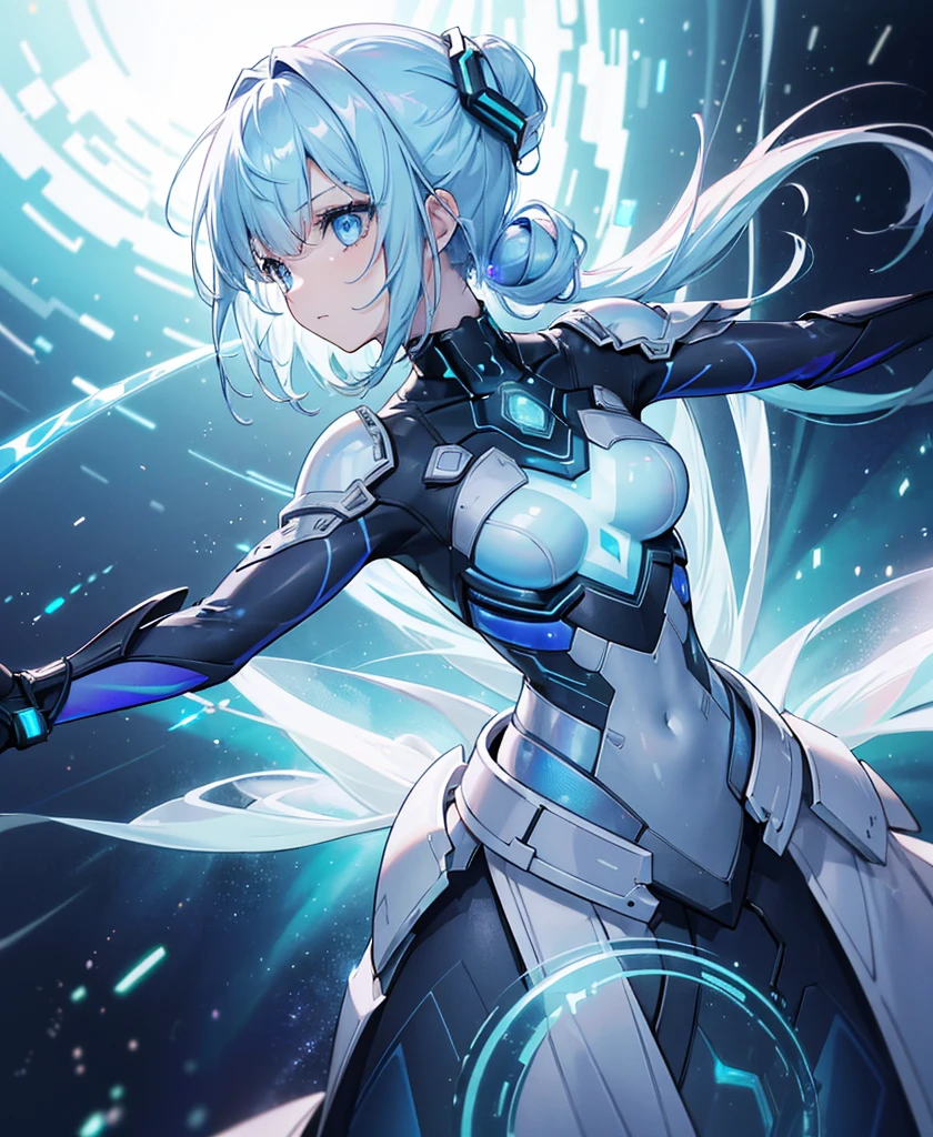 ((Holographic glow effect)),8k, Highest quality, (real:1.4), Original photo, 1 girl, Asari Hair, Biological Amplifier, refined armor, posture: Peace talks between warring factions, smart blue eyes,whole body,Vortex of Light,Band of Light,Aurora
