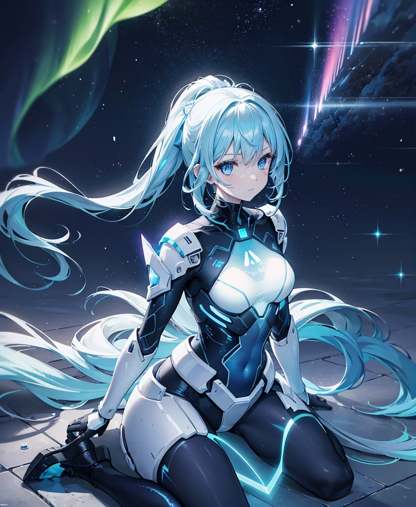 ((Holographic glow effect)),8k, Highest quality, (real:1.4), Original photo, 1 girl, Asari Hair, Biological Amplifier, refined armor, posture: Peace talks between warring factions, smart blue eyes,whole body,Vortex of Light,Band of Light,Aurora