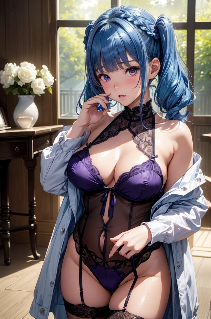 Absurd, Super detailedな,(In 8K:1.3),Masseter muscle area,(masterpiece:1.2)、(Highest quality)、4K、Super detailed、(Movement Structure:1.4)、(Shining Lights、Atmosphere lighting), High resolution, Best Quality、(One girl:1.4),Super detailedな,Bright colors、Treebreak Production Art、(Warm color light source:1.2),High-level image quality、Fine image quality、Intricate details,Volumetric Lighting,Realism BREAK、Profile、 Idol face、、Very beautiful face and eyes, Beautiful images、natural make up、 big eyes, (Big Tits:1.2)、(curvy body:1.1)、(glossy skin :1.5)、(Baby Face:1.5)、 (Candlelit bathroom) 、(blue hair,short hair、blunt bangs、twintails:1.4)、 (Purple、detailed clothes features、lingerie:1.4)、(stockings)、 (shy, embarrassed:1.2)、