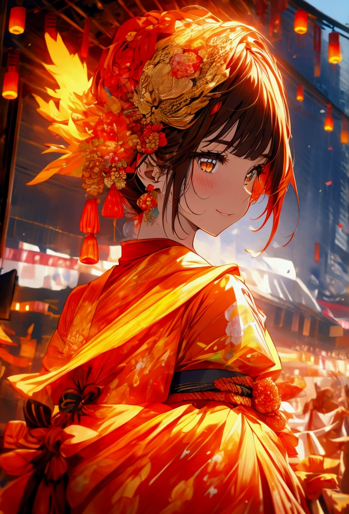 Character Design:

	•	Hair: Fiery red and orange gradient, appearing to flicker like flames in the light of the summer festival.
	•	Clothing: Modern-style yukata with flame motifs, incorporating red, orange, and gold hues.
	•	Accessories: Floral hairpieces and a fan matching the yukata, holding a bag with a goldfish caught at the festival.

Summer Festival Scene:

	1.	Background:
	•	Stalls: Rows of food and game stalls illuminated by lanterns, with bustling activity around yakisoba, takoyaki, shaved ice, and other stalls.
	•	People: Various festival-goers in yukata, including families, couples, and friends, enjoying the summer festival.
	2.	Activities:
	•	Food: The phoenix woman enjoying a red shaved ice or a golden cotton candy, reflecting her fiery color palette.
	•	Games: Participating in activities like shooting games or yo-yo fishing, focusing intently on the target or smiling as she catches a yo-yo.
	3.	Special Moments:
	•	Fireworks: A scene with fireworks lighting up the night sky, with the phoenix woman illuminated by the colorful bursts, creating a magical atmosphere.
	•	Dancing: Participating in traditional bon dance, her movements graceful and flowing like flames, blending tradition with her unique beauty.

Color Palette:

	•	Phoenix Woman: Dominantly red, orange, and gold.
	•	Background and Accessories: Colorful festival lanterns and stalls, with the night sky and fireworks adding additional vibrancy.

Concept:

	•	Capture the liveliness and joy of a summer festival while highlighting the phoenix woman’s mystical allure.
	•	Blend everyday festival scenes with the extraordinary beauty of the phoenix, creating a visually captivating moment.Detailed fractal art、Mandala Fireworks、Contrast of fireworks and flames、The goddess