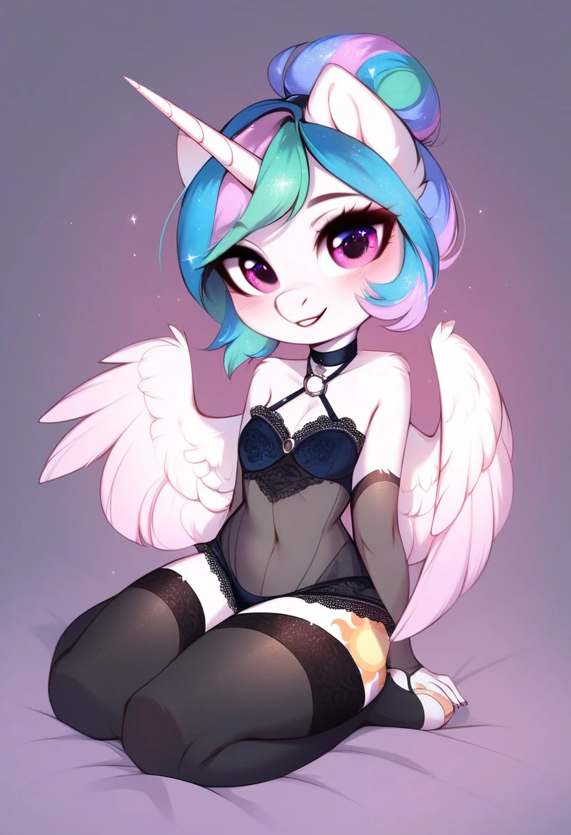 check_9, check_8_up, check_7_up, source_fluffy, rating_safe, from Magnaluna, Celestia poses seductively in a white bedroom, hair bun with bangs, pink eyes, white body, anthro, blushing, wearing goldern lingerie, full body