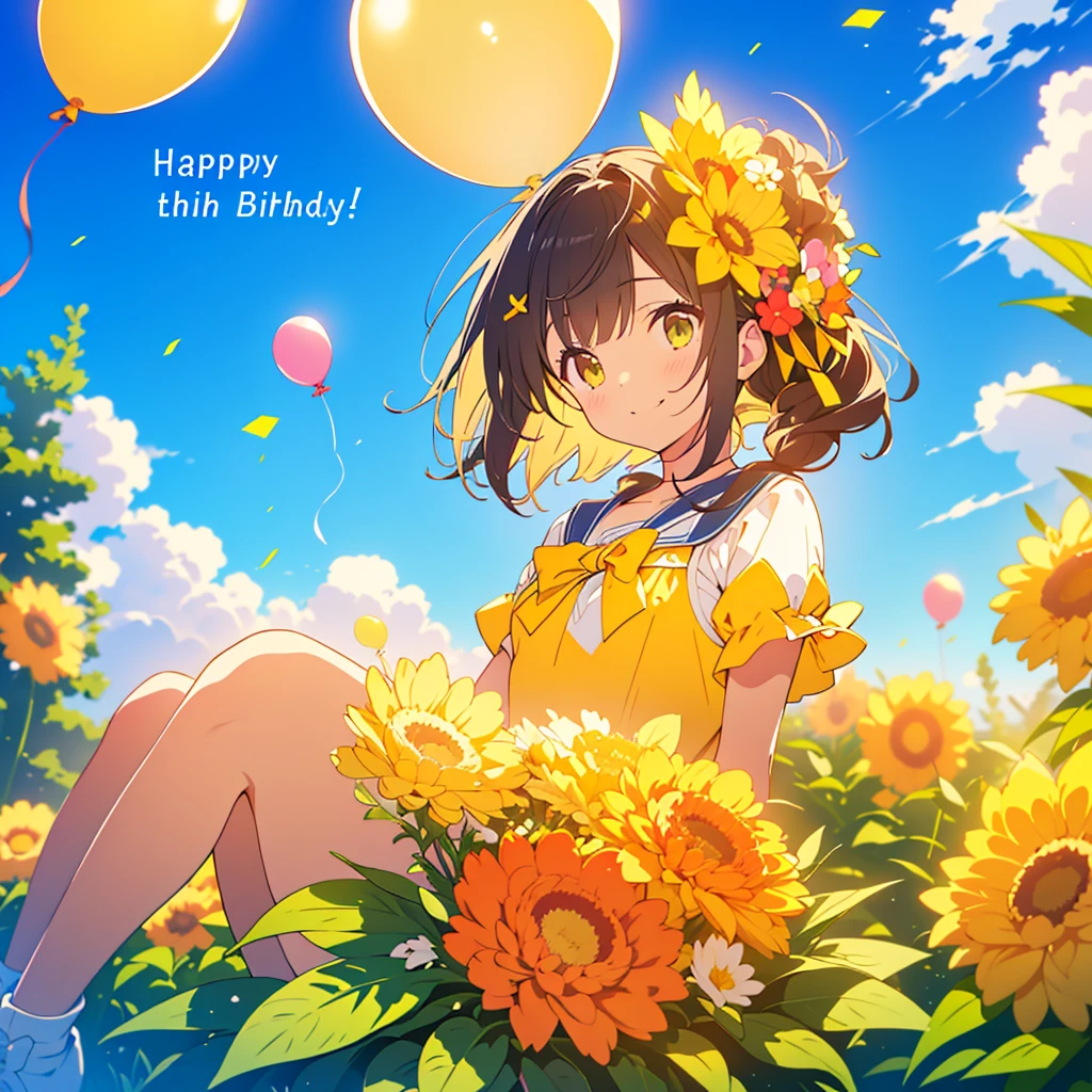 kawaii, anime, Cute, hyper quality, highly detailed, 8k, Clarity, dark brown long hair, smile, green eyes, round yellow Carnation, orange round yellow Carnation flower field, round yellow Carnation flower field, sit on a flowering hill, colorful balloons, balloons are flying in the sky, flower garden, morning dew, Shining light, particles of light, dazzling smile, Draw facial expressions in detail, Draw the eyes in detail, white casual clothes, A breeze flows, celebration, A large number of balloons fly into the sky, look up at the sky, A dynamic posture, balloon, clear blue sky, curled yellow Carnation, happy birthday, blue sky, clear sky, rainbow colored balloons, colorful balloons, release a large number of balloons into the sky, upper body, hold one's hand in the sky, yellow Carnation with closed flowers, small balloons, closed flowers, petals are closed, add the words "Happy Birthday",