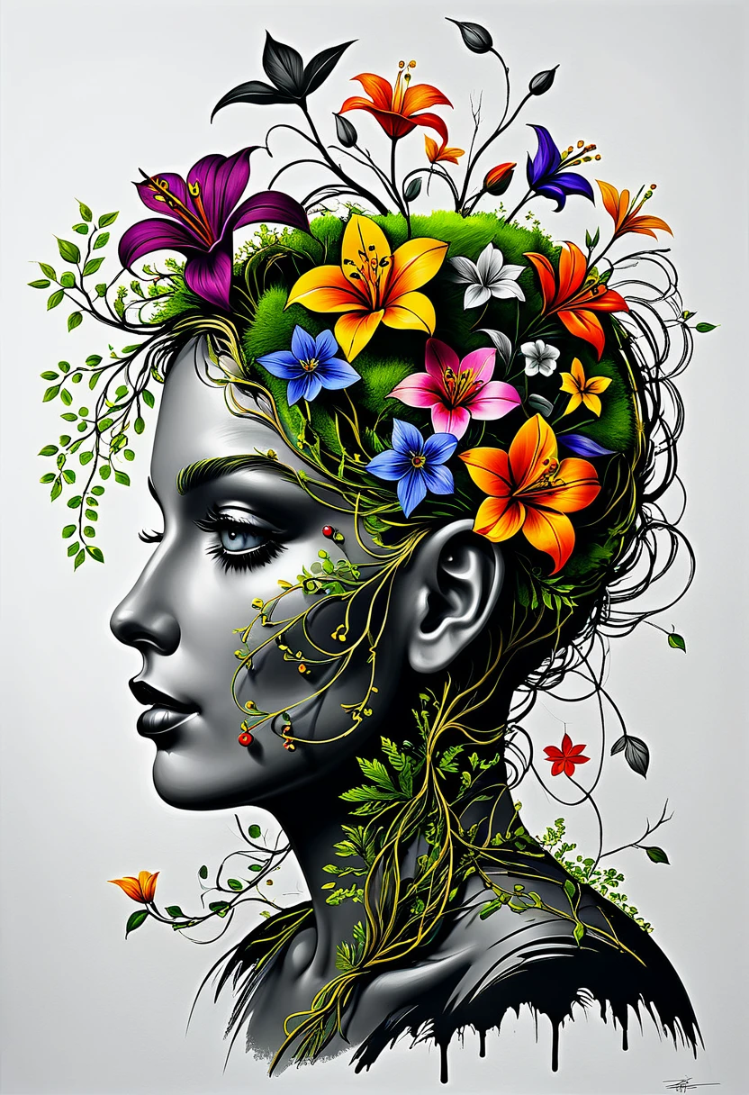 an illustration of the brain blooming with vines and flowers by (tim burton:1.002) , rich detail, floral brain, vegetation, leave and blossoms, anatomy, vibrant, acrylc painting, wide brush strokes, colorful, (miyazaki style:1.27), colourful, autumn colors. positive vibes. (erin hansen style:1.2),((bw:-1.5), fair skin:1.3, gray face:-1.5, hole in face:-2, art deco style:1.5,extreme detail, moss, roots,vine,lillies, rose petals, spring ornaments, (gothic:-0.6)