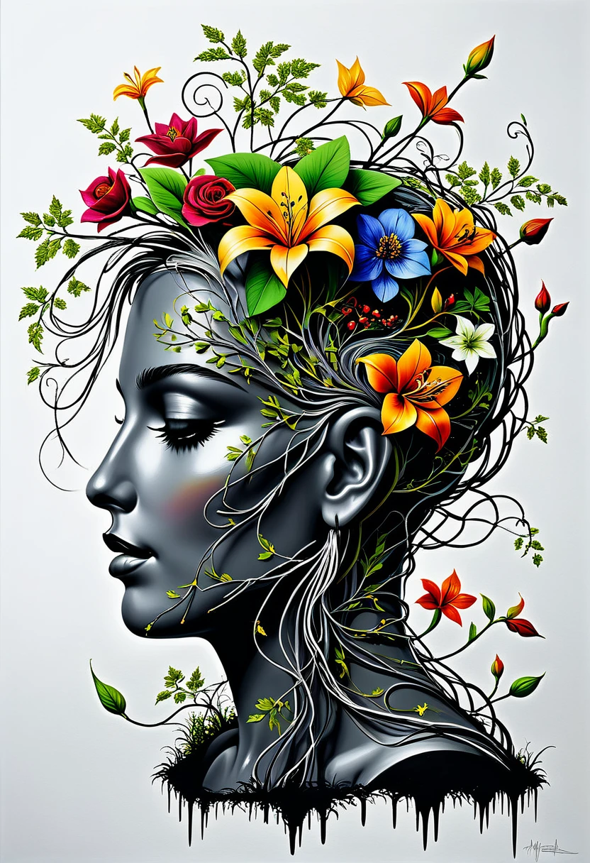 an illustration of the brain blooming with vines and flowers by (tim burton:1.002) , rich detail, floral brain, vegetation, leave and blossoms, anatomy, vibrant, acrylc painting, wide brush strokes, colorful, (miyazaki style:1.27), colourful, autumn colors. positive vibes. (erin hansen style:1.2),((bw:-1.5), fair skin:1.3, gray face:-1.5, hole in face:-2, art deco style:1.5,extreme detail, moss, roots,vine,lillies, rose petals, spring ornaments, (gothic:-0.6)