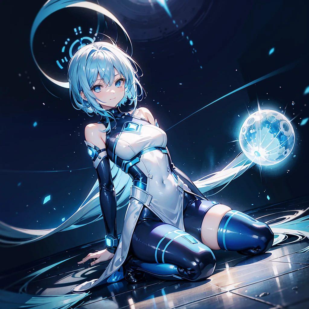 8k, Highest quality, (real:1.4), Original photo, 1 girl, Asari Hair, Biological Amplifier, Very sleek and futuristic armor, posture: Peace talks between warring factions,,attention arousal, smart blue eyes,A modest smile,Knee-high boots,Patent-look blue tights,Blue big moon and blue light swirl in the background,Blue light from behind,blue light magic,A small, glowing blue ball in the palm of your hand,Blue flame swirl,Blue Comet,Polished floor,