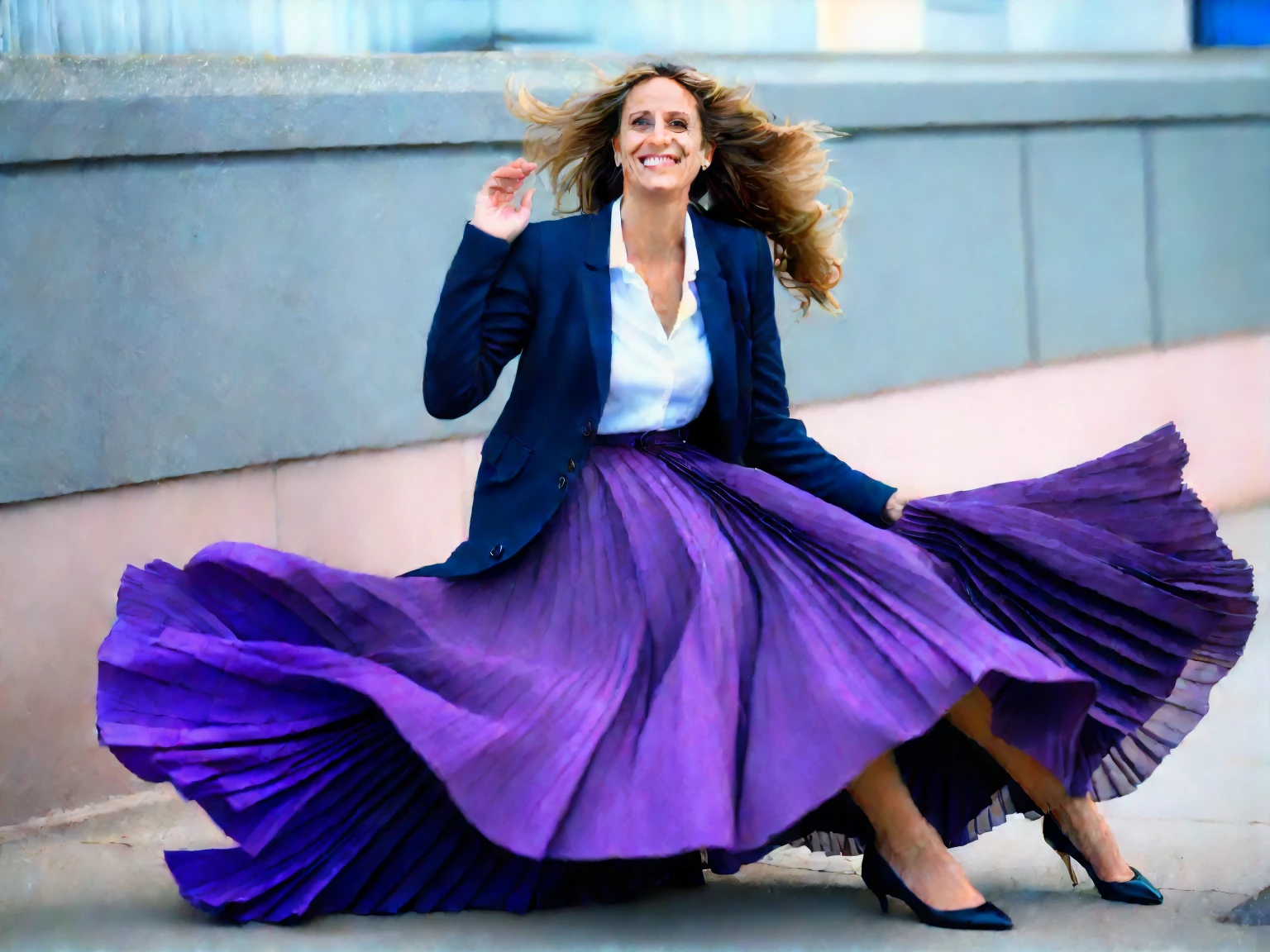 Emily Maitlis, A smiling, authentic, (shy:1,3), kind, beautiful woman, is passionately in love with her skirt, wind wildly lifts her skirt, wearing uniform jacket and very, very detailed (long (fully pleated) full circle skirt) and (low heeled court shoes), very, very intricate hyper-detailed symmetric (attractive graceful young feminine face) with (sad, tired eyes and a loving smile), very voluptuous breasts, full of empathy and compassion and love, (pronounced (feminine) features), (highly detailed ultra accurate realistic) hands and fingers, (windy), epic composition, highly detailed attributes, (35mm f1.4 Kodak portra 400 photograph), extremely high quality RAW photograph, highly detailed atmosphere, sci-fi, cinematic shot, dynamic lighting, 75mm, Technicolor, Panavision, cinemascope, sharp focus, fine details, 8k, HDR, realism, realistic, key visual, film still, superb cinematic color grading, depth of field