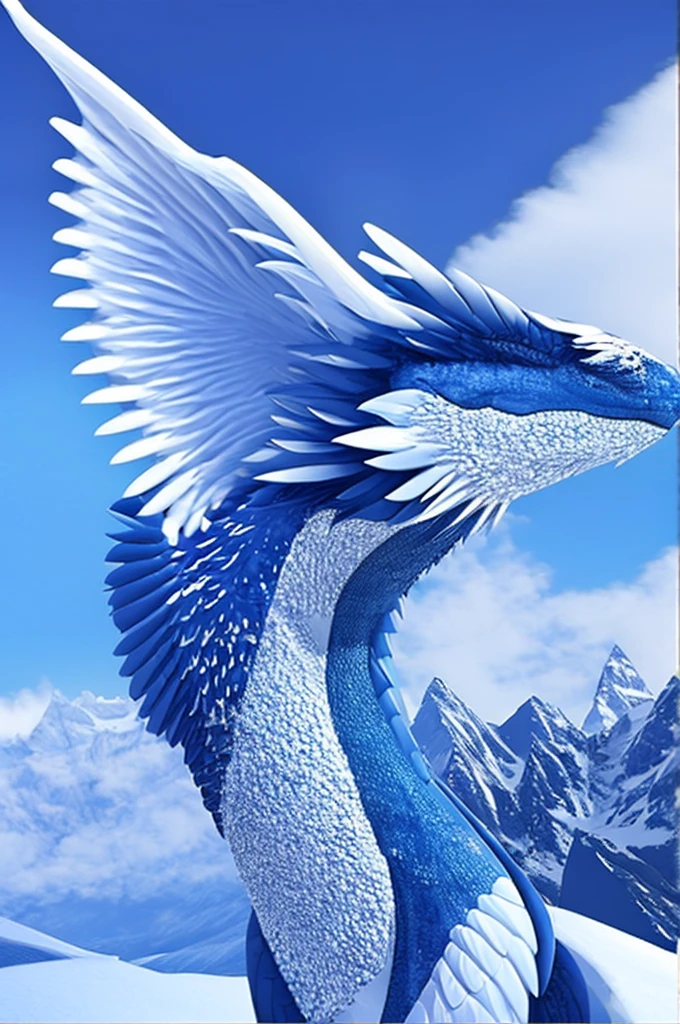 A large dragon, sharp and resistant scales, blue and white color palette, on a snowy mountain, great wings, eye white