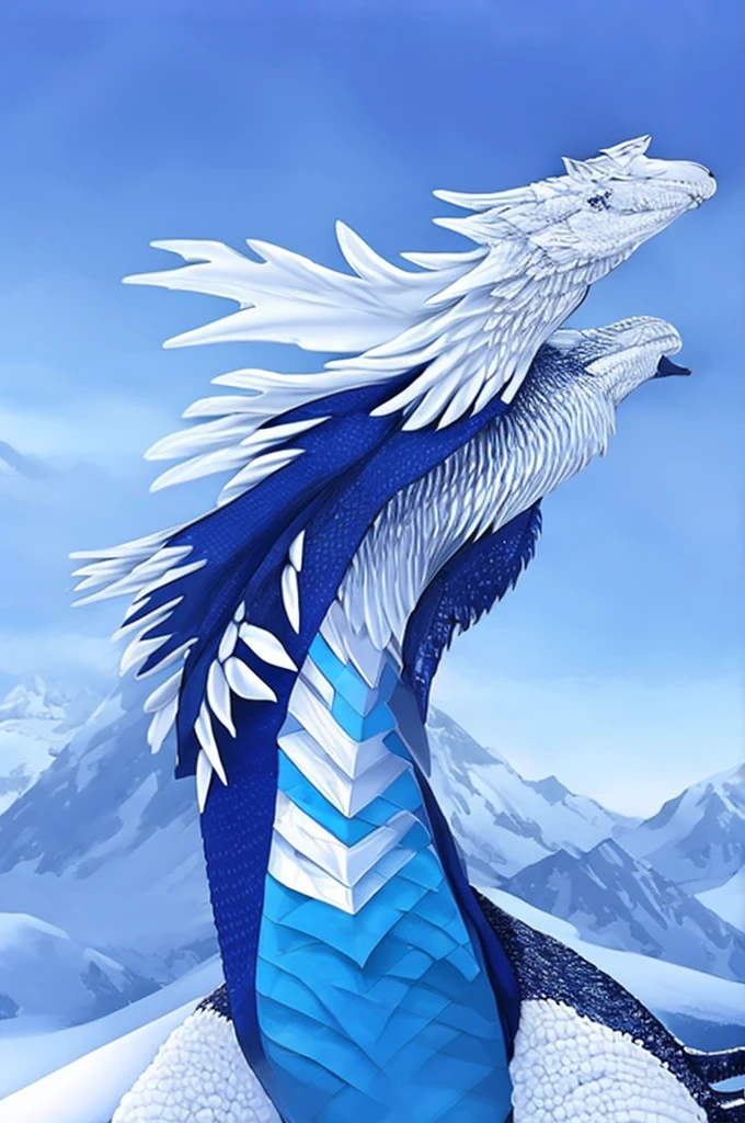 A large dragon, sharp and resistant scales, blue and white color palette, on a snowy mountain, great wings, eye white