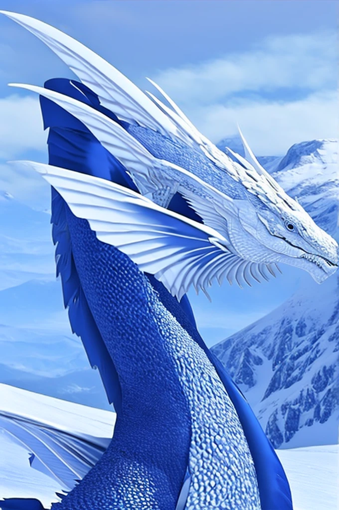 A large dragon, sharp and resistant scales, blue and white color palette, on a snowy mountain, great wings, eye white