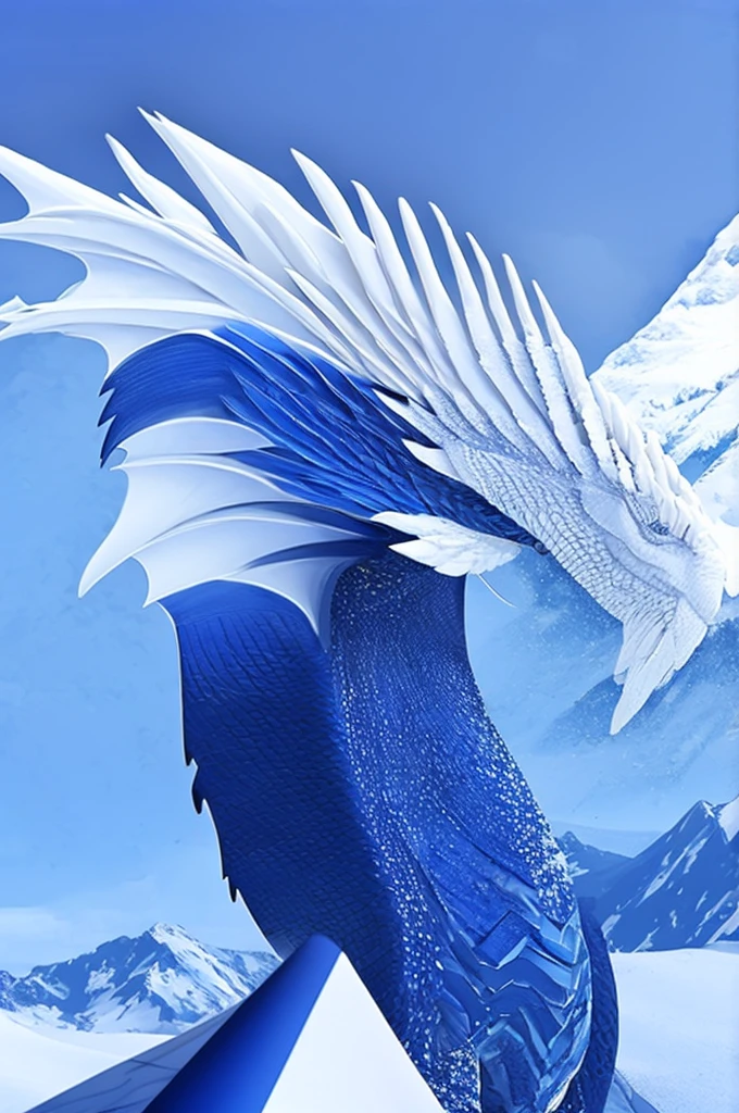 A large dragon, sharp and resistant scales, blue and white color palette, on a snowy mountain, great wings, eye white