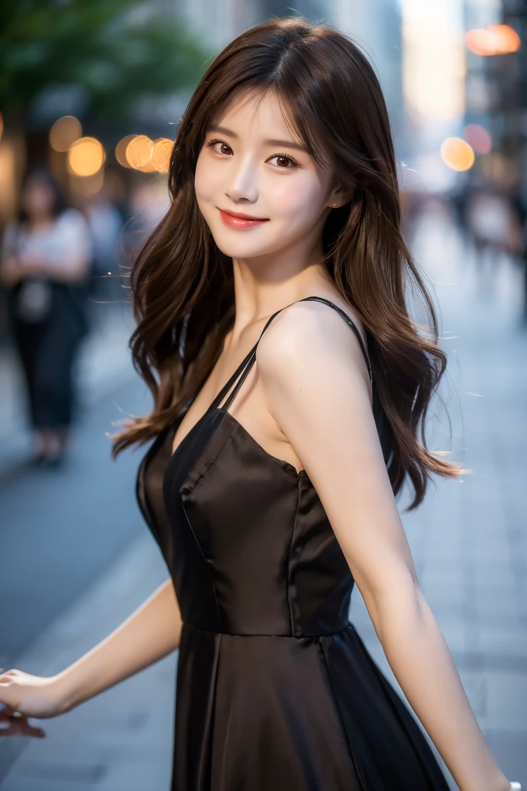 ((best quality, 8k, masterpiece :1.3)), 1 girl, smiling, whole body, face slimming, pretty Woman, (Dark brown hair), full length dress :1.1, Super detailed faces, delicate eyes, double eyelids, blurred background, face slimming, City, external, street,