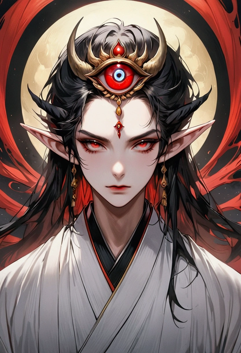 Digital board painting,Flat coating,Thick coating,Dark illustration,(((1 Prince,独奏,third eye on the forehead,Dark eyeshadow.Elf ears))),(((Japanese robe kimono:1.6))).solemn,majesty,momentum,whole body,black and gold,red
