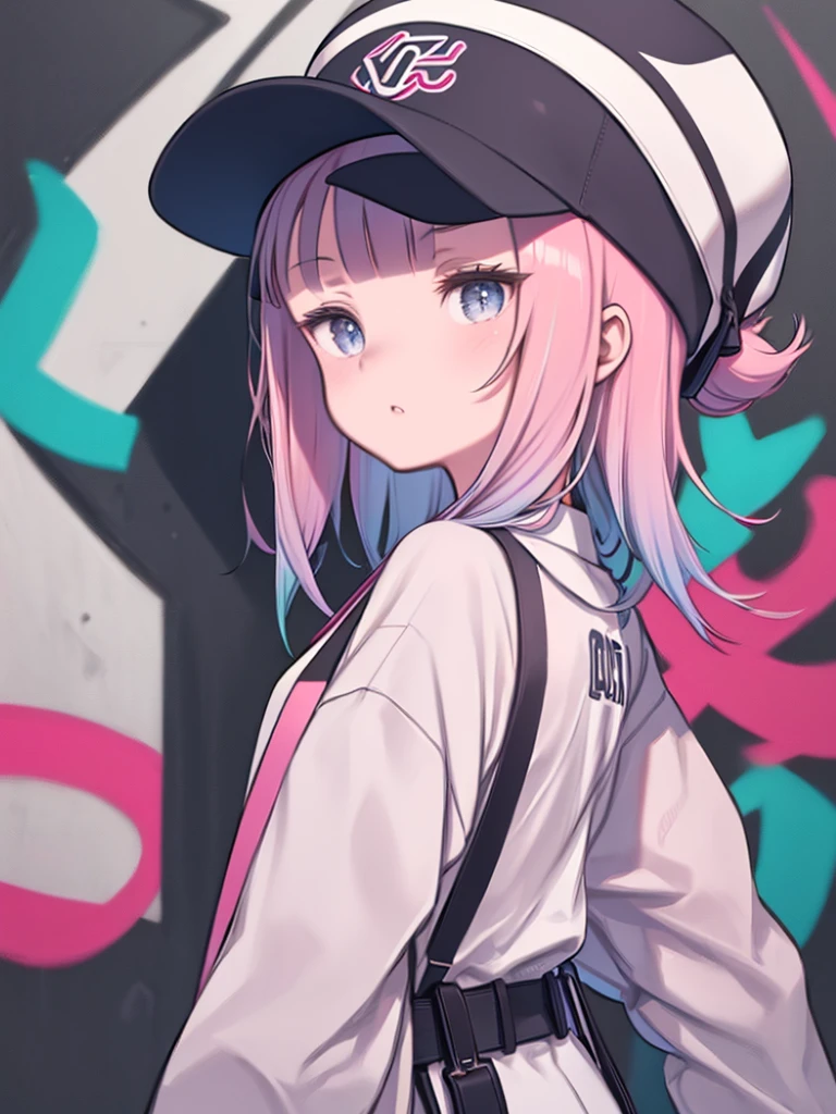 One girl, s○l○, (alley, graffiti), :○, (j○j○ p○se:1.4), Ir○haCasual, l○ng hair, Blunt bangs, Baseball cap, Rear-facing hat, Pink jacket, cr○p t○p, belt, gradient sh○rts