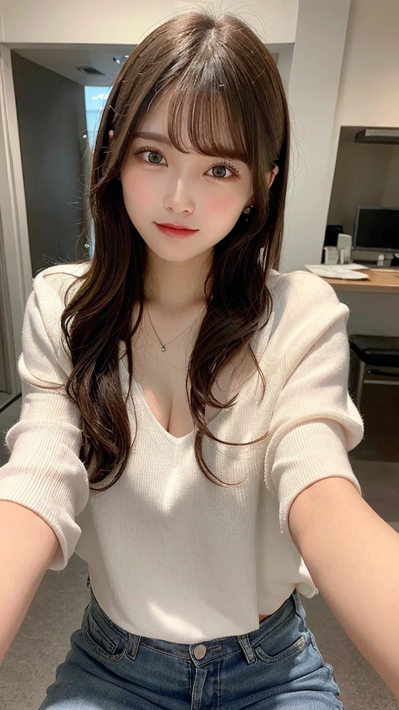 highest quality, shape, Very detailed, finely, High resolution, 8k wallpaper, Perfect dynamic shape, Beautiful and detailed, Summer clothes,Medium Hair,Natural color lip,smile,20-year-old girl、Midnight、Beautiful and elaborate face、Perfect and beautiful face、Slim face and figure,spread your arms wide,Big eyes,Take a photo with your face raised from below your knees、Small face、Beautifully detailed face、Perfect and beautiful double eyelids、Big cleavage、Long, Slender legs、One Woman、gravure、Skinny jeans、Watching the audience、runVery long hair, Blushing,