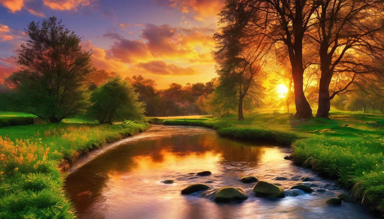 a beautiful sunset scene with a stream and trees, nature wallpaper, nature scenery, Beautiful wallpaper, beautiful backgrounds, peaceful landscape, stunning nature in the background, very very beautiful scenery, wallpaper hd, amazing wallpaper, a beautiful landscape, natural landscape, beautiful landscape, beautifully lit landscape, beautiful serene landscape, scenery wallpaper, landscape wallpaper, majestic nature scenery, Really beautiful nature