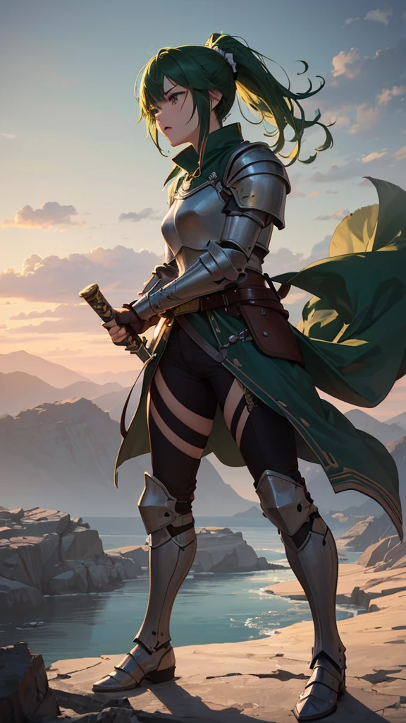 (masterpiece, 4K ,Super detailed:1.2), (anime:1), (Perfect quality), (anger), The whole body is shown, View Viewer, Holding a longsword, Adult women, tall, Captain of the Guard, Full Body Art, Green Hair, ponytail, Knight's full plate decorated armor, Silver Cape, Perfect detail