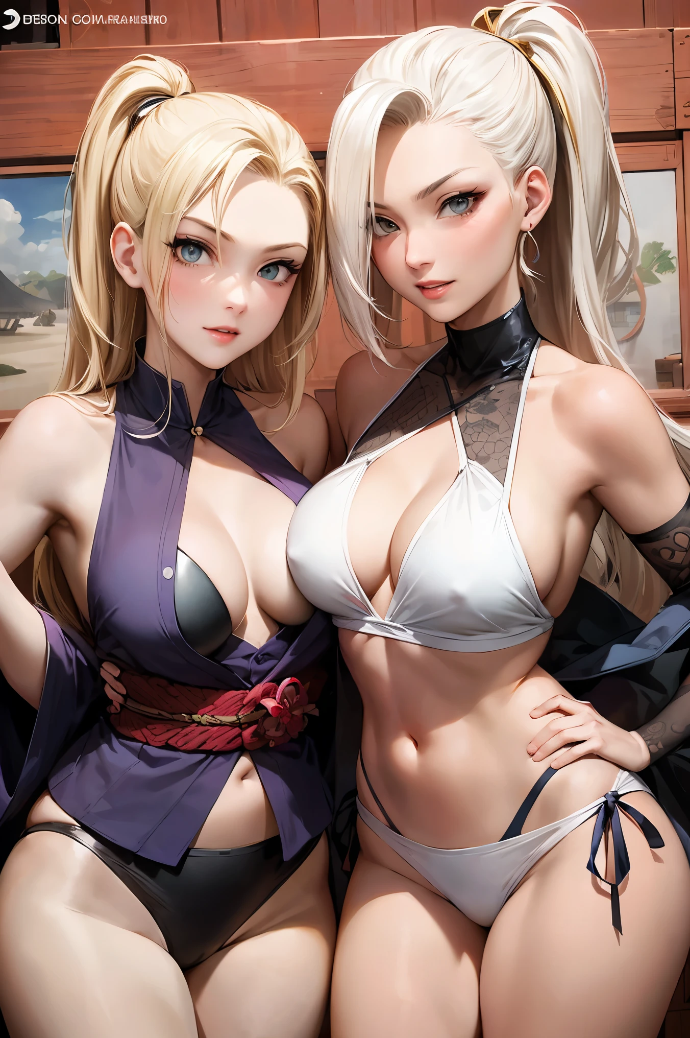there are two women in bikinis posing for a picture, an album cover inspired by Yanagawa Shigenobu, tumblr, shin hanga, yakuza slim girl, shikamimi, けもの, shinkiro, shogakukan, doujin, official artwork, japanese live-action movie, anime cover, shintoism, yamanaka ino, long blonde hair, bangs,