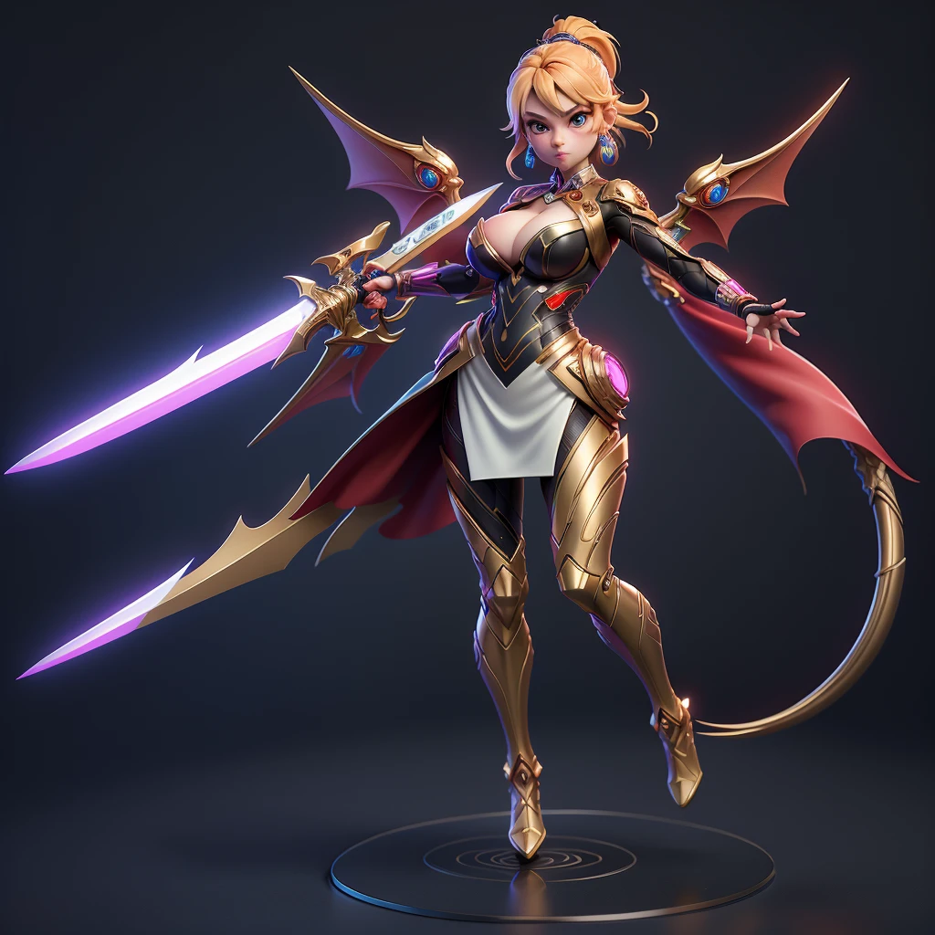 mini dragon,  独奏, ray tracing, 3D style, 3DMM, (3 poses per photo), fully body, (bodysuit branco),(dark dress), over all view,((3 poses per photo)), over all view, Hearts of the Kingdom style clothes,((3 poses in each photo)), over all view, Metroid, ((with futuristic sword)),Ultra-realistic skin, (big tits),((huge cleavage on the breasts)),((incredible look)),((impressive details))
