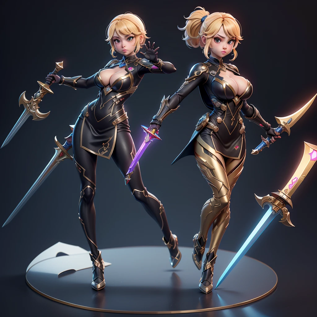mini dragon, 独奏, ray tracing, 3D style, 3DMM, (3 poses per photo), fully body, (bodysuit branco),(dark dress), over all view,((3 poses per photo)), over all view, Hearts of the Kingdom style clothes,((3 poses in each photo)), over all view, Metroid, ((with futuristic sword)),Ultra-realistic skin, (big tits),((huge cleavage on the breasts)),((incredible look)),((impressive details))