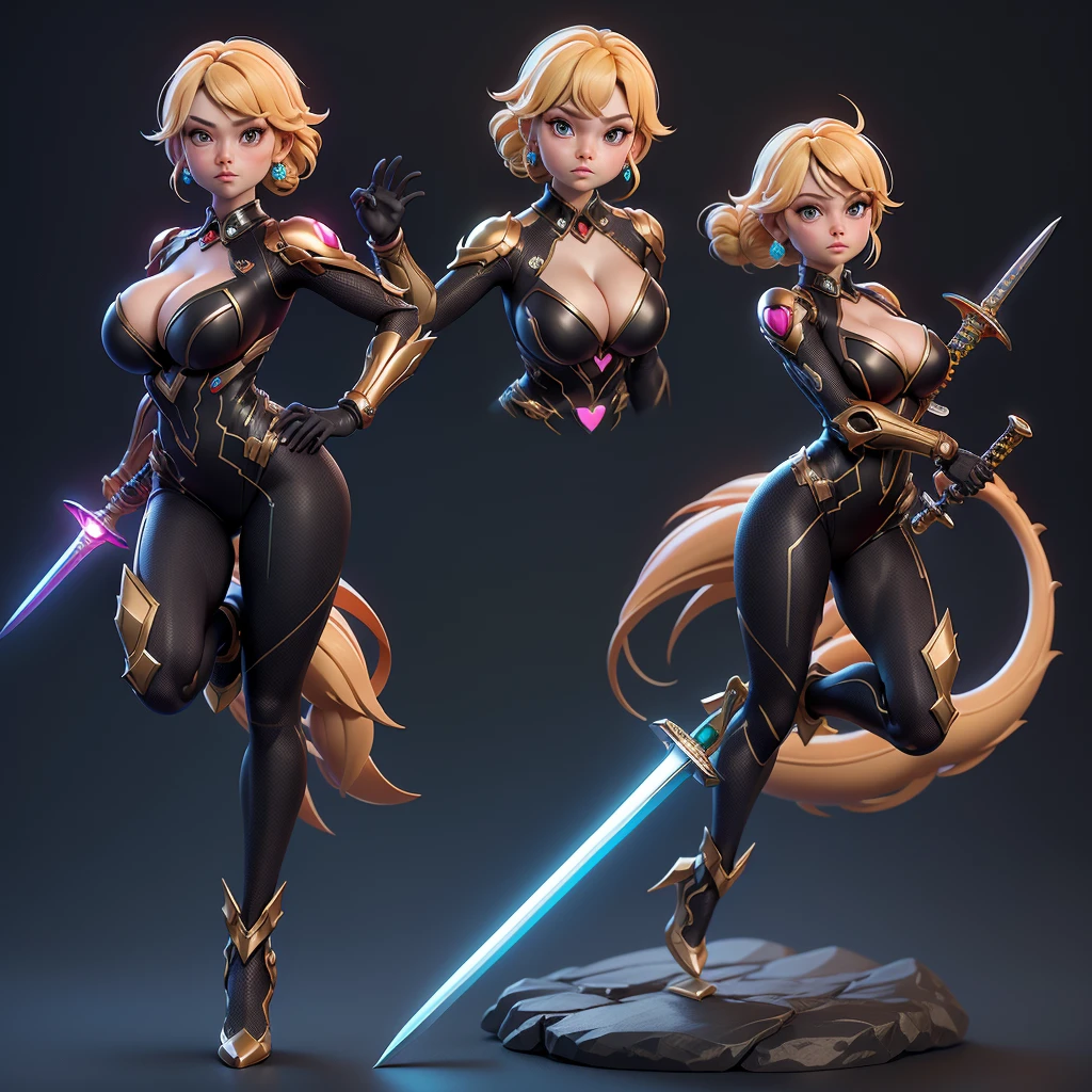 mini dragon,  独奏, ray tracing, 3D style, 3DMM, (3 poses per photo), fully body, (bodysuit branco),(dark dress), over all view,((3 poses per photo)), over all view, Hearts of the Kingdom style clothes,((3 poses in each photo)), over all view, Metroid, ((with futuristic sword)),Ultra-realistic skin, (big tits),((huge cleavage on the breasts)),((incredible look)),((impressive details))