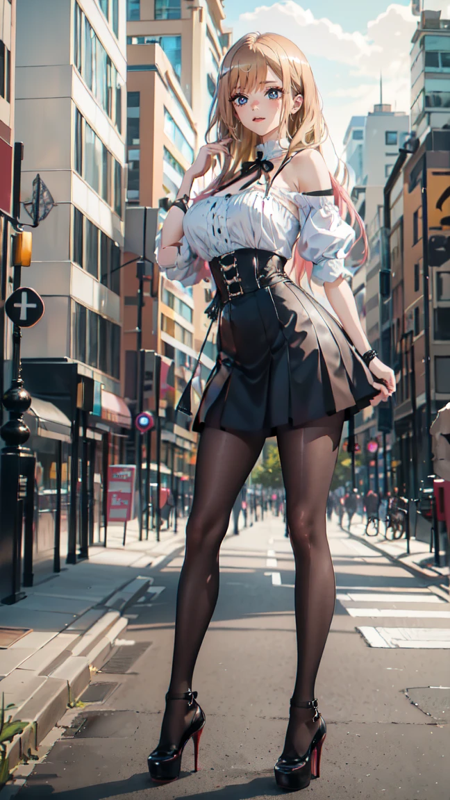 ((masterpiece, high resolution, better quality, better details)), ((Marin Kitagawa)), ((Smiling)), ((one girl)) a girl modeling standing in the city, mini skirt, blouse, ((big neckline)), ((platform high heels)), pink eyes with black outline, (light blonde hair, straight hair, straight bangs, long hair)), long nails, pink nails, (((curvy body))), shiny skin, ((side view)), solo, bare shoulders, full body, focus full body, high heels, ((black stockings)),