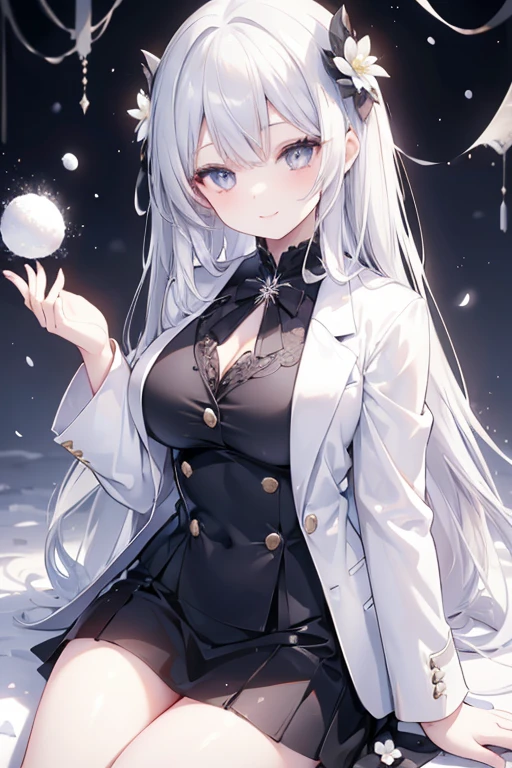 young girl, silver hair, silver eyes,beautiful and detailed eyes, big breasts, long hair, happy smile, black shirt,white blazer, black mini skirt, (snow scene, snow flowers)