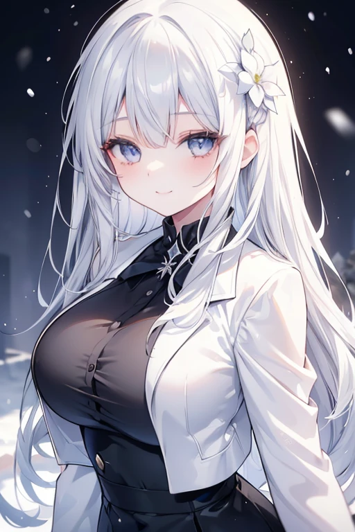 young girl, silver hair, silver eyes,beautiful and detailed eyes, big breasts, long hair, happy smile, black shirt,white blazer, black mini skirt, (snow scene, snow flowers)