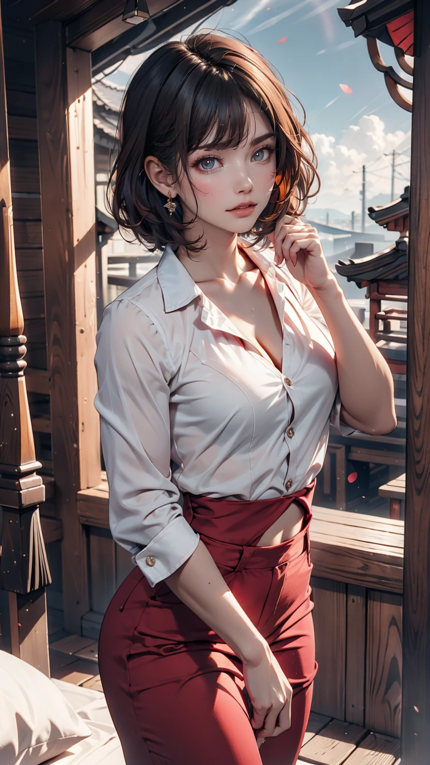 Gentle and attractive Chinese beauty, Half-body photo, Delicate and sexy collarbone, Attractive oval face, double eyelid, Bright pink eyes, Pink Lips, Small Nose, Exposing shoulders, Concentrated face, Face close-up, Ultra-high resolution, Super Details, Elegant standing posture, Korean style puff sleeve square collar slim short shirt, Pair it with a high-waisted light-colored jeans suit.、24-year-old female、Sexy proportions、Sexy、Narrow waist、Bob Hair((bob cut))、Natural curls((wavy hair))、Red hair、Aerial perspective((atmospheric perspective))、Stiletto heels