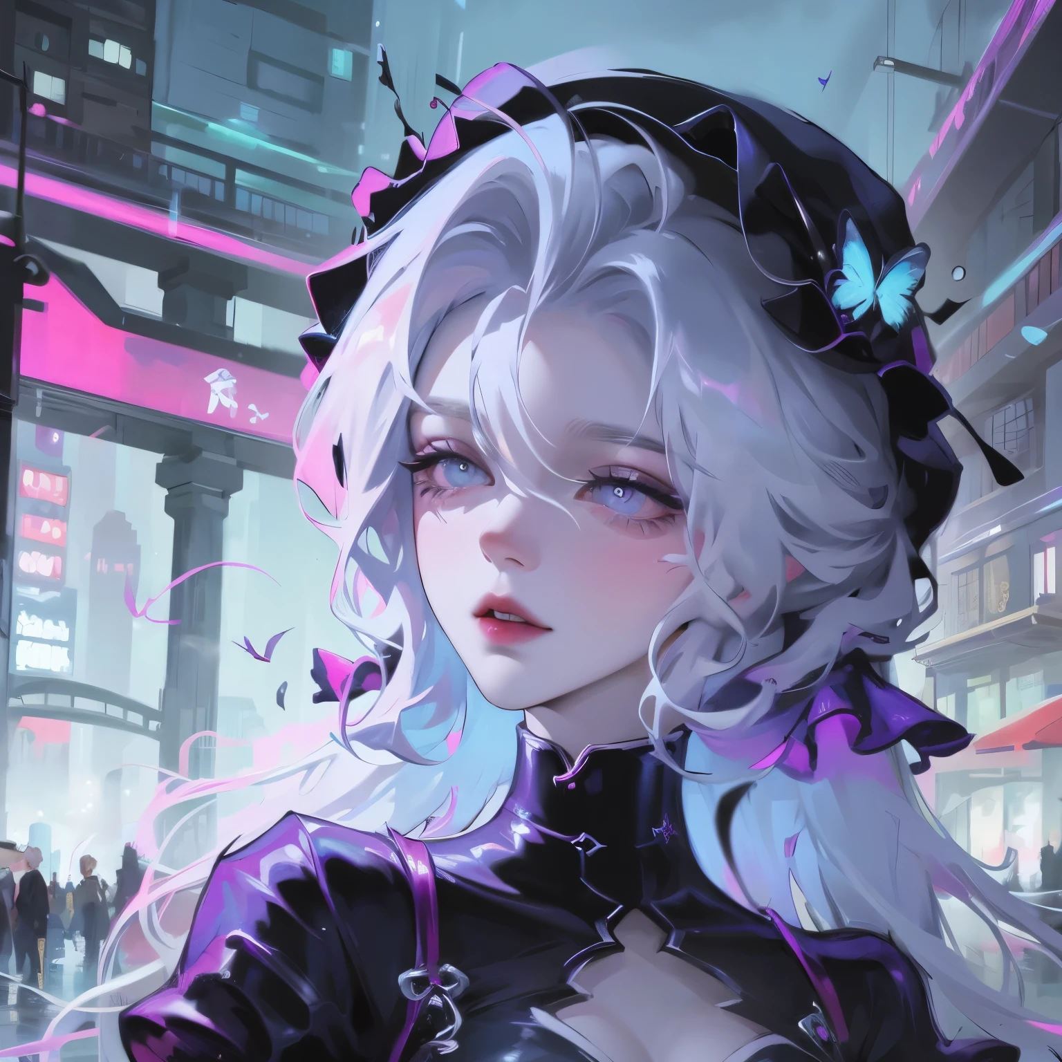 masterpiece, best quality, 4K, Ultra HD, Sanzhuang City, , Beautiful eyes and delicate face, illustration, Exquisite and detailed, high resolution illustration, Luminescence_White_particle, 1 Girl, White hair, Lilac eyes, Hair covering one eye, Short side details, Baseball cap,Poker face, curtain, Black jacket, Chest hanging, Cyberpunk, Technical clothing,(Impressionism:1.4)