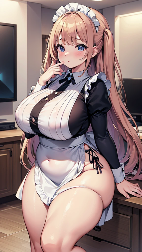 anime. 1 girl. Housewife. Chubby. Beautiful Eyes. Perfect Eyes. Expressive eyes. Beautiful Nose. very fat body. Very thick hands. very thick legs. Big fat belly. Big fat ass. Big Breasts. Beautiful breasts. Maid clothes. Put your hands on your face. Are standing. Full Height. Living room of luxury apartment. Embarrassment. blush. whole body. Highly detailed CG Unity 8k wallpaper. Ideal lighting. Ultra-high resolution 4K. Ultra-high definition 8K resolution.