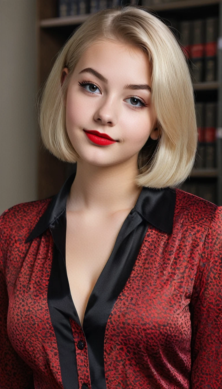 ultrarealistic high quality mugshot photo of a beautiful busty european 18-year-old teen girl with cute hyperdetailed shy happy face and shoulder length platin-blonde classic bob and long legs, realistic round eyes, red lipgloss, decent makeup with eyeliner, wearing black button-up satin blouse, cleavage, hourglass body, indoor office photography