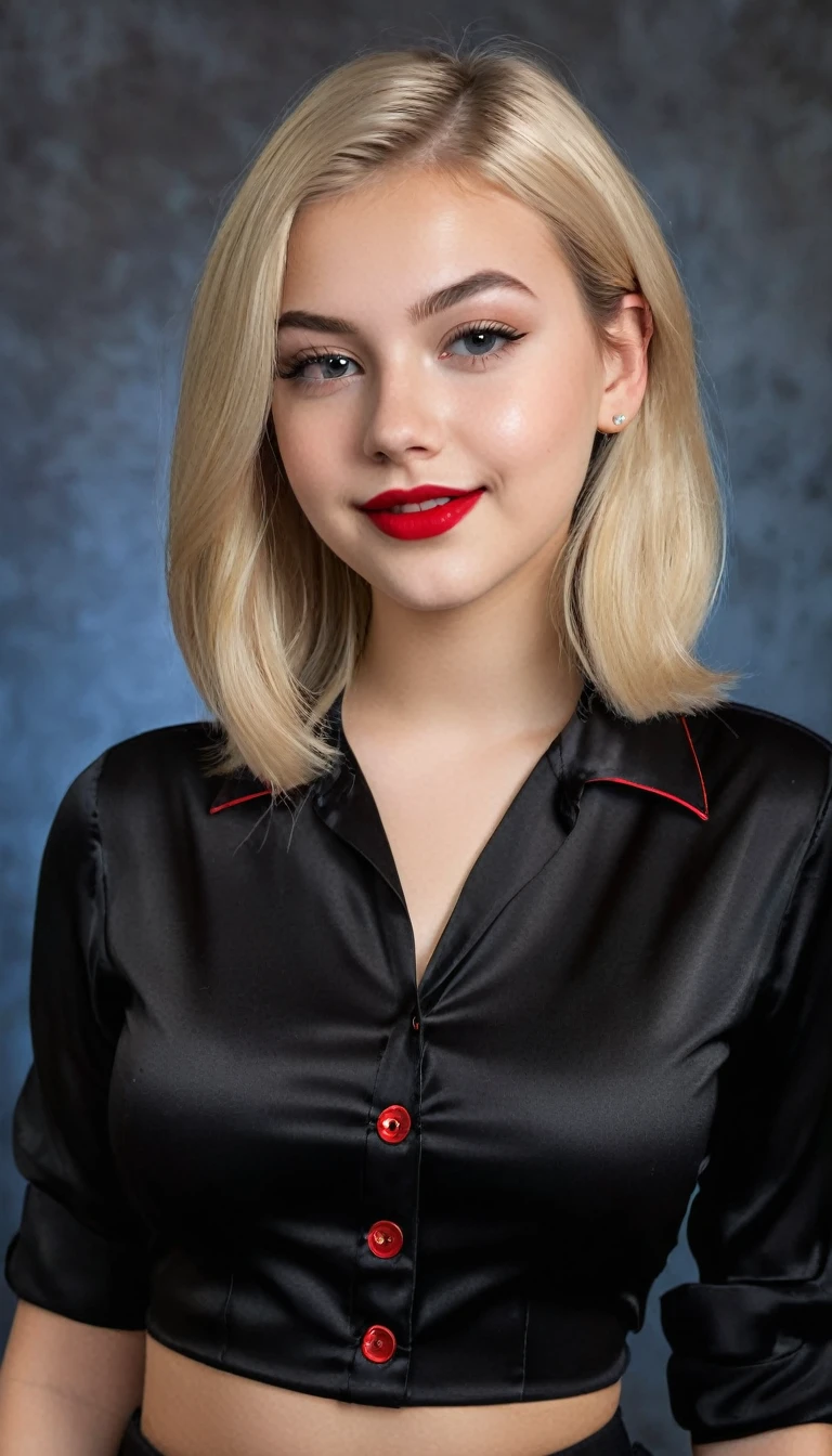 ultrarealistic high quality mugshot photo of a beautiful busty european 18-year-old teen girl with cute hyperdetailed shy happy face and shoulder length platin-blonde classic bob and long legs, realistic round eyes, red lipgloss, decent makeup with eyeliner, wearing black button-up satin blouse, cleavage, hourglass body, indoor office photography