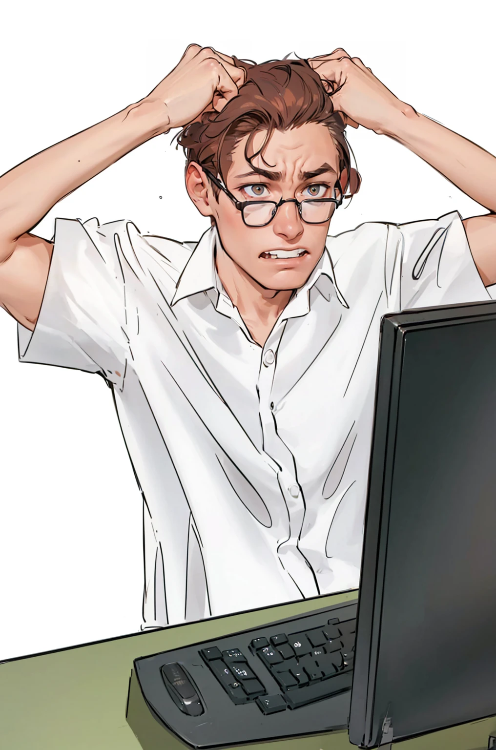 19 year old skinny boy wearing glasses sitting at an office desk using a computer keyboard and white mouse ,with worried face (expression of despair madness,anger,pulling hair,with teeth gritted with hate,looking at computer monitor wearing nerdy short sleeve formal shirt