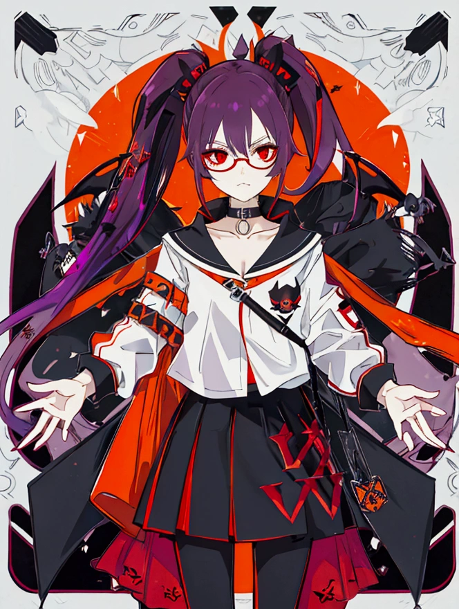 Hair: Purple hair styled into a high side ponytail on the right side with bat wing-like decorations. Eyes: Red eyes with glasses. Outfit: White jacket with black cuffs and collar, worn over an orange top. The character also has a red and black skirt with a unique design, featuring a red, crisscrossed flap on the left side, and black pants underneath. Accessories: A collar or choker around the neck. Expression: Neutral expression with a small fanged tooth visible, giving a hint of a vampiric or mischievous nature. The character has a distinct and stylish appearance, blending elements of casual and fantasy attire.