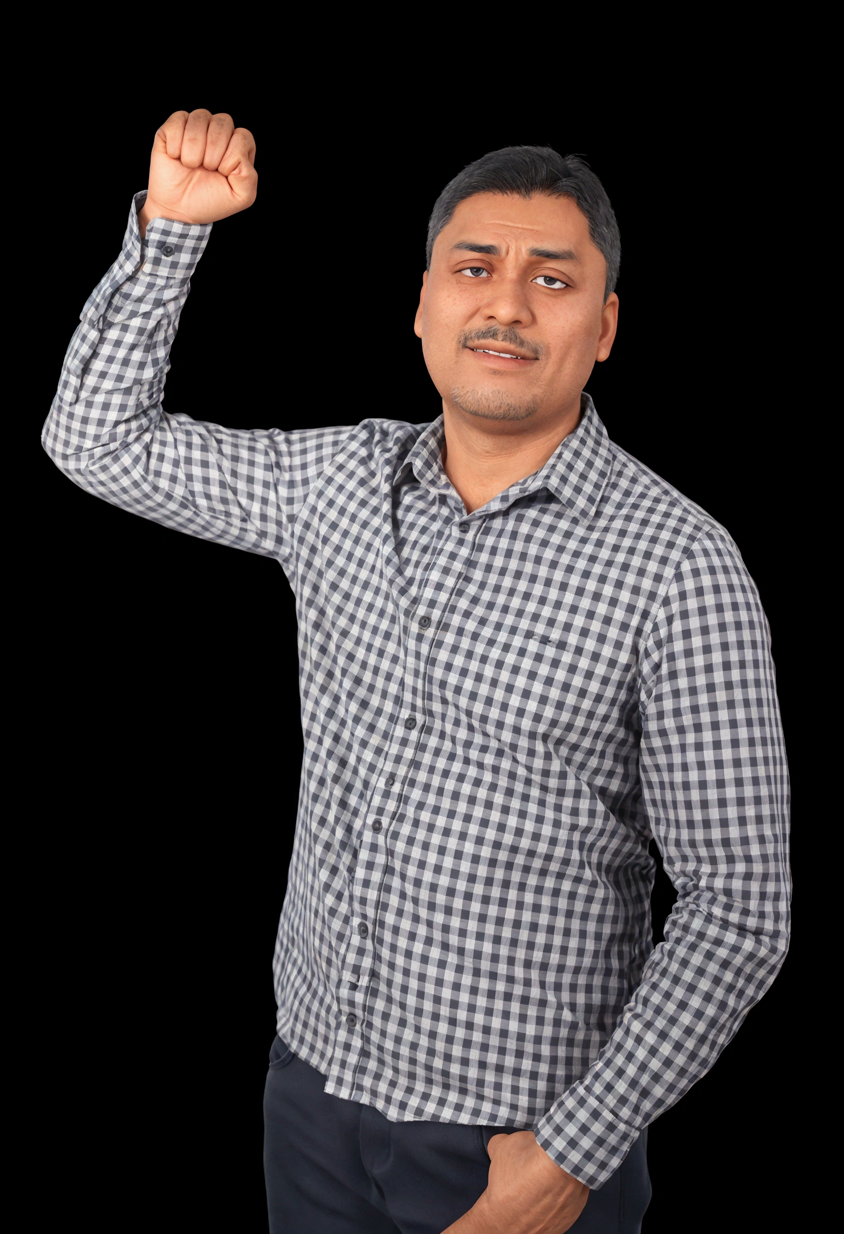 sharp man in plaid shirt raising fist, indistinct man with raised hand, a photo of a man, photo of a man, Khyzyl Saleem, man in defensive position, 4 0 years old man, standing with a black background, on black background, inspired by Eddie Mendoza, inspirado por Bikash Bhattacharjee