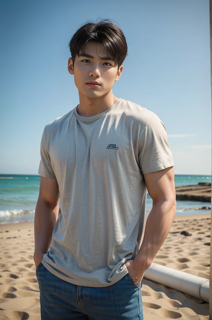 A young Asian man stands, handsome, muscular, looking at the camera. In a plain brown t-shirt, Fieldside, grass, beach, sunlight