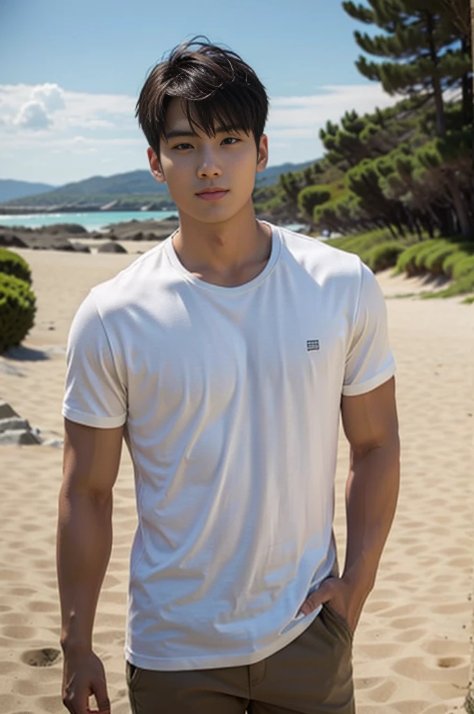 A young Asian man stands, handsome, muscular, looking at the camera. In a plain brown t-shirt, Fieldside, grass, beach, sunlight
