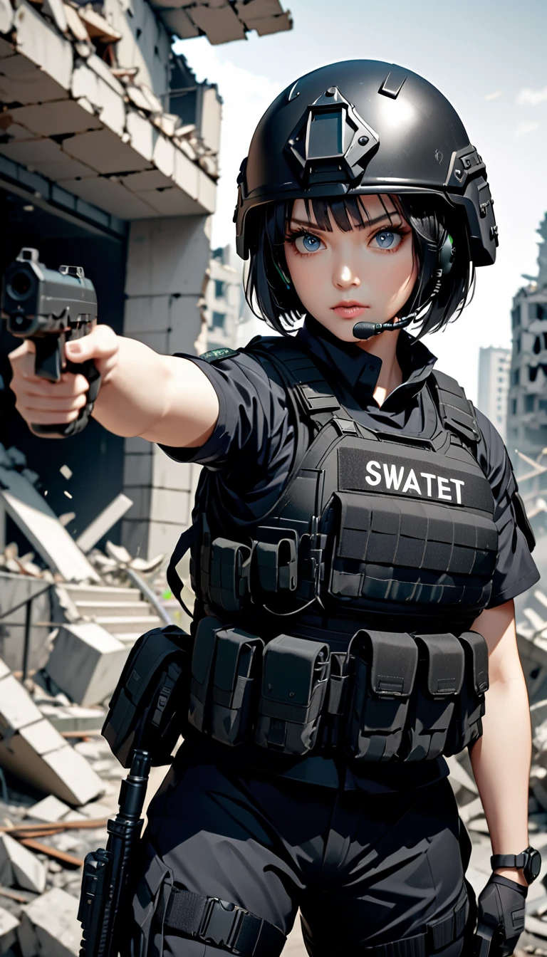 (masterpiece,Highest quality,Ultra-high resolution),One Woman,Japanese,Black Hair,Short Bob,(((Beautiful Eyes,Beautiful Hair,Beautiful Skin,Beautiful Face))),Serious,whole body,(((pointing pistol))),Pistol,SWAT Uniforms,Black bulletproof vest, Black combat boots, Black Tactical Forster,Tactical Headset,Black tactical helmet,(The background is the rubble of ruins),(((Background Blur)))