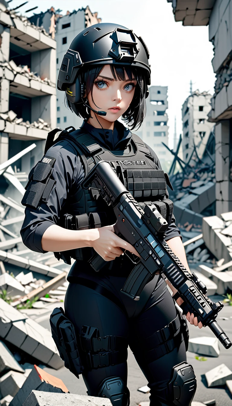 (masterpiece,Highest quality,Ultra-high resolution),One Woman,Japanese,Black Hair,Short Bob,(((Beautiful Eyes,Beautiful Hair,Beautiful Skin,Beautiful Face))),Serious,whole body,(((pointing pistol))),Pistol,SWAT Uniforms,Black bulletproof vest, Black combat boots, Black Tactical Forster,Tactical Headset,Black tactical helmet,(The background is the rubble of ruins),(((Background Blur)))