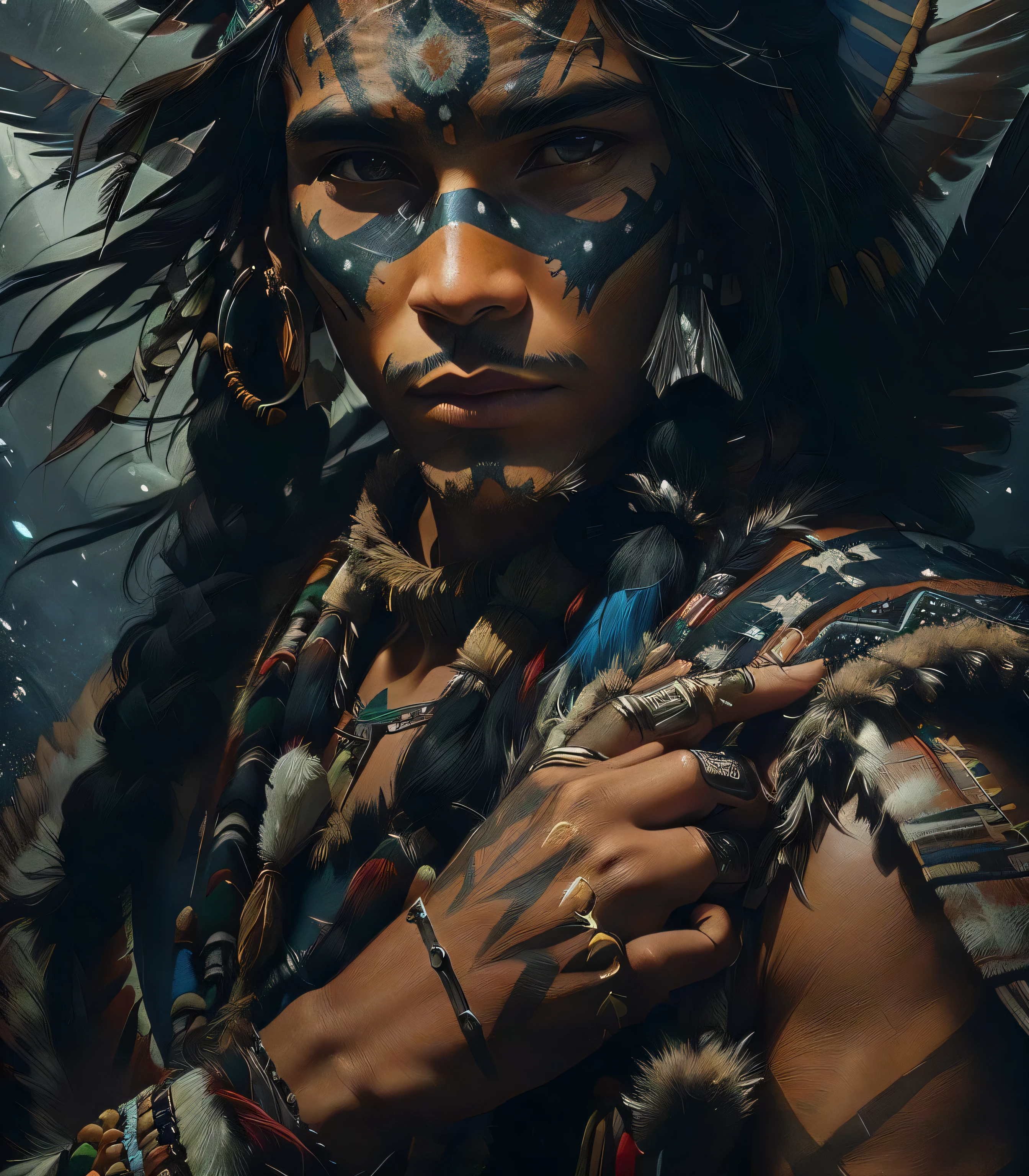 a close up of a person with a feather on their head, a native american warrior with wings like an angel's, native american warrior, indian warrior, skilled warrior of the apache, native american, portrait of a warrior, azctec warrior, : native american shamen fantasy, ancient tribe, inspired by Jorge Jacinto, indigenous man, spirit warrior, shamanism, shaman, tribal facepaint